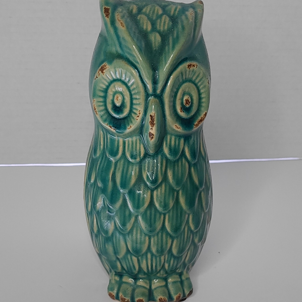 Vintage Ceramic Owl Figurine, 7.5” Tall, Teal with Distress Look.